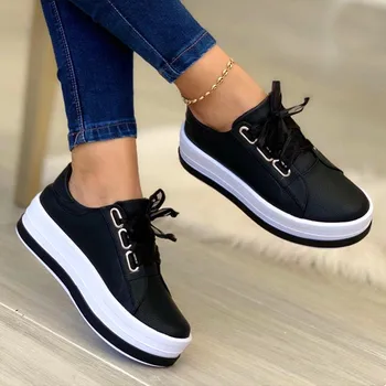  Kadın Spor Ayakkabı Kadın Rahat PU Moda spor Ayakkabı Kadın Kama Daire Açık Platformu Zapatillas Ayakkabı Bayan Vulkanize Ayakkabı 