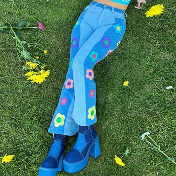  Kadın Y2K Harajuku Geniş Bacak Flare Kot Çiçek Nakış Renk Bloğu Yüksek Bel Gevşek Kot Pantolon Bahar Güz E-kız Streetwear