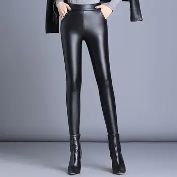  Kadınlar 2020 Sonbahar Kış Yeni Moda Gerçek deri pantolon Kadın Yüksek Bel Siyah İnce kalem pantolon Bayanlar Tayt Pantolon W06