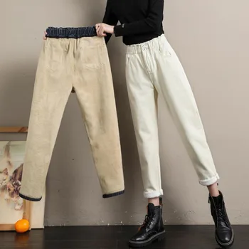  Kalın Kadife Kadın Kot Sonbahar Kış Yüksek Bel Elbise Düz Denim Giyim Mavi Streetwear Vintage Harajuku harem pantolon
