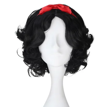  Kar Beyaz Prenses Kısa Siyah Dalgalı Cosplay Peruk Cadılar Bayramı Kostüm Partisi Saç Kırmızı İlmek Hairband