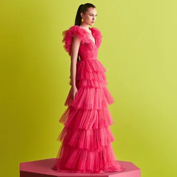  Katmanlı Caked Prenses Balo Elbise Sıcak Pembe Tül V Boyun Fırfır Bir Çizgi balo elbisesi Kadınlar 2022 Pileli Backless Tatlım Parti Elbiseler