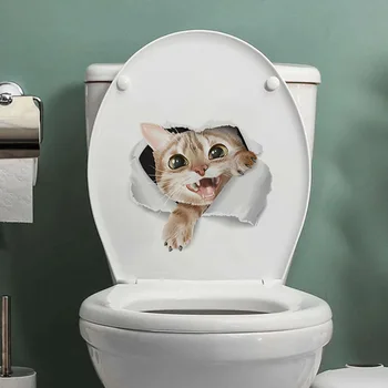  Komik Tuvalet Işareti Sticker Banyo Dekor Ev Çıkartması Sanat Su Geçirmez Yaratıcı Duvar Vinil Poster Sevimli 3D Kedi Çıkartmalar 1 parça