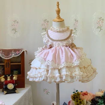  Kraliyet Sarayı İspanyolca Turkis Prenses Balo Kolsuz Dantel Dikiş Doğum Günü Partisi Eid Kız Lolita Elbise