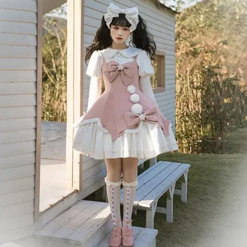  Kış Peluş Kadife Tatlı Lolita Op Kalınlaşmış Sıcak Loli Elbise Gömlek Sevimli Kawaii Prenses Beyaz Pembe Kış Sıcak Yay Elbise