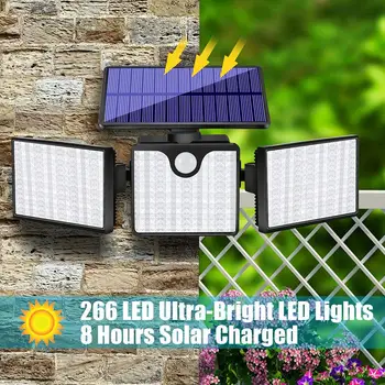  LED güneş ışıkları açık bahçe Yard 266LED 3 kafa PIR hareket sensörü gece lambası su geçirmez IP65 duvar güvenlik lambası ayarlanabilir