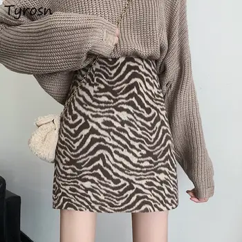  Leopar Mini Etekler Kadın Sonbahar Kış Faldas Şık Vintage Tüm Maç Streetwear Moda Ulzzang Yüksek Bel Bir Çizgi Kumaş Yeni