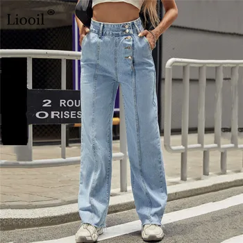  Liooil Asimetrik Düğme Yüksek Belli Kot Streetwear Kadın Jean Vintage Düz Bacak Kot Yıkanmış Mavi Denim Pantolon 2021