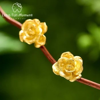  Lotus Eğlenceli An 18K Altın Zarif Vintage Kamelya Çiçek Saplama Küpe Kadınlar için 925 Ayar Gümüş Orijinal Takı