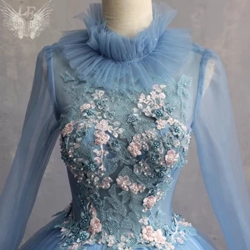  mavi standı yaka uzun kollu boncuk rokoko Ortaçağ Rönesans drama sahne Kıyafeti Kostüm Victoria Marie Antoinette Belle opera