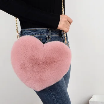  Moda Kadın Kalp Çanta Sevimli Kawaii Taklit Kürk şey yapıyor Çanta Çanta Peluş Zincir Omuz Çantası Bayan Çanta Cüzdan Şeklinde 