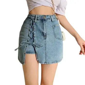  Moda Kore tarzı yüksek bel kot etek pantolon kadın bölünmüş kayış şort seksi mini skirt2021 yaz kadın giyim