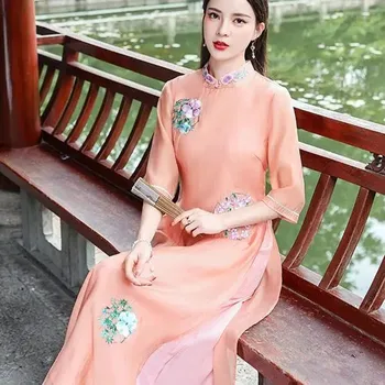  Moda Vietnam Elbise Kadın Ao Yeni Nakış Zarif Cheongsam Geleneksel Halk Qipao Asya Elbise Bahar Yaz Dai Vestidos
