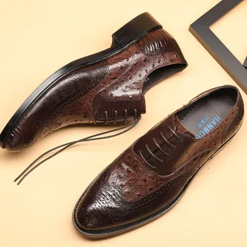  Moda Zarif Oxford Ayakkabı Erkekler İçin Hakiki İnek Deri Devekuşu Desen Lace Up Örgün Düğün Ayakkabı Sivri sivri uçlu ayakkabı