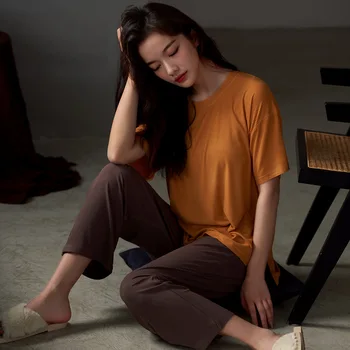  Modal Pijama kadın Seti 2021 Yaz Pijama Kısa Kollu Pantolon Kıyafeti Serin Elastik Ev Takım Elbise Salonu Aşınma Gecelik