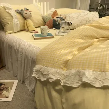  Modern sarı ekose nevresim takımı kız, moda fairyfair çift pamuk tam kraliçe ev tekstili yatak etek yastık kılıfı nevresim