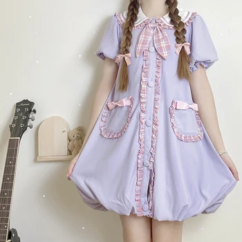  Mor Kawaii Lolita Op Kadın Elbise Tatlı Kız çiçek tomurcuğu Elbiseler Kadın Yaz Kısa Kollu Peter Pan Yaka Sevimli Goth Japon