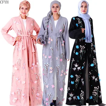  Müslüman Kadınlar Maxi Elbise Artı Boyutu Elbise 3D Nakış Abaya Açık Hırka Dubai Paryer Ramazan Rahat Kaftan uzun elbise Abay