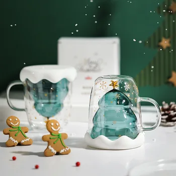  Noel Fincan yıldız dilek Fincan Noel net kırmızı cam su bardağı çift katmanlı Noel kulplu fincan