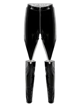  Patent Deri Kadın Yeni Moda Streetwear Spor İnce Hollow Out Sıska Fermuar Kasık Kesme Elastik Kemer Uzun Pantolon