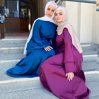  Ramazan Eid Mubarak Müslüman Moda İpek Saten Elbise kadın Abaya Dubai Türkiye İslam Başörtüsü Elbise Vestidos Robe Musulmane Longue