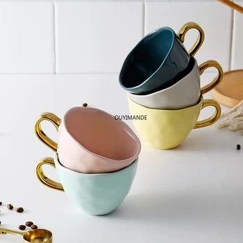  Renkli Sır Seramik kupalar Altın Saplı İskandinav Ev Mutfak Sofra Dekor Basit Ofis İçecek Kahve Çay Süt Su Bardağı Hediye