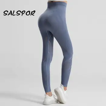  SALSPOR Hollow Out Yüksek Bel Spor Kadın Tayt Dikişsiz Ganimet Legging kalça kaldırma Push Up Bayanlar Nefes Aktif Giyim