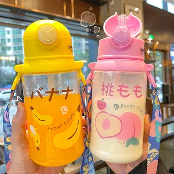  Saman Kawaii Kız Çocukları İle Yaz Tatlı Meyve İçme Şişe Büyük Kapasiteli Şeffaf Plastik Bardak Portatif Ağızlıklı Bardak Su Açık 