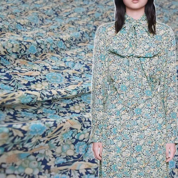  Saray Tarzı High-end Açık Mavi Elyaf İplik Şakayık Çiçek Baskılı Şifon Kumaş Elbise Gömlek El Yapımı DIY Kumaş
