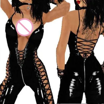  Seksi wetlook Faux Deri Catsuit PVC Lateks fetiş Bodysuit Fermuar Açık Kasık vücut seksi sıcak erotik Clubwear kutup dans Iç Çamaşırı
