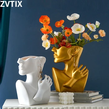  Sevimli İnsan Kafası Vazolar Düğün Centerpieces Portre, İskandinav Altın Dekoratif Çiçek Reçine Süs Yatak Odası Vücut Bitki Vazo