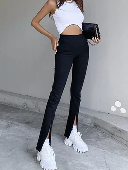  Siyah Elastik ince pantolon Kadın Moda Zip Bölünmüş Sonbahar Pantolon Yüksek Bel Bayanlar Kalem İnce Uzun Pantolon Haki