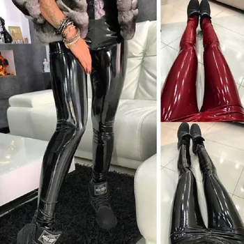  Siyah Kırmızı Pu Deri Seksi Pantolon Kadın Yüksek Bel Deri Geri Fermuar Tayt Pantolon Kadın Streç Pantalon
