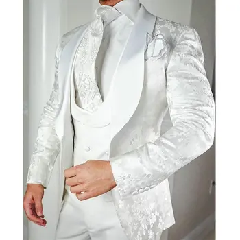  SZMANLIZI Erkek Düğün Takımları 2022 Yeni Tasarım Custom Made Beyaz Çiçek Sigara Smokin Ceket 3 Parça Damat Terno Takım Elbise erkekler için