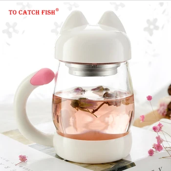  Taşınabilir Sevimli Kedi Cam Kişilik Süt Kupa, fincan Demlik İle Ofis kahve bardağı Yaratıcı Kahvaltı Kupalar, çiçek çayı bardak