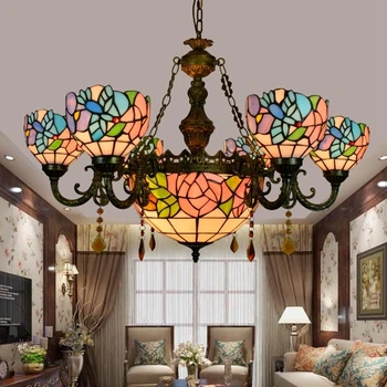  Tiffany Barok Eti Çiçek Vitray Asma Armatür E27 110-240v Zincir Kolye ışıkları Ev Salonu Yemek Odası