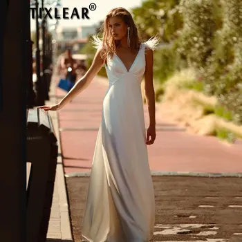  TİXLEAR 2022 Seksi V Yaka Basit düğün elbisesi Saten Backless Yaz Plaj gelin kıyafeti Kolsuz Sweep Tren Vestido De Novia