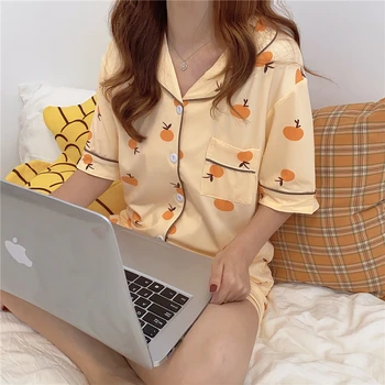  Turuncu Baskı Yaz Pijama Seti Pamuk İki Parçalı Ev Takım Elbise Kawaii Tek Göğüslü Gömlek + şort takımı Pijama Gecelik