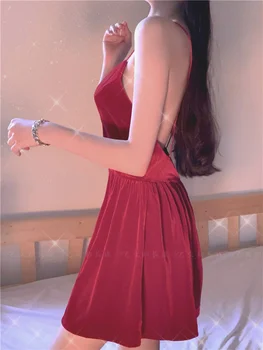  TVVOVVIN Sıcak Seksi Kore Kadın Üstleri Tankı Mini Elbise Kırmızı Kadife Tatlı Backless Kore Elbise A-LİNE Peri Elbise 95FC