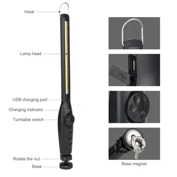  USB Şarj Edilebilir Çalışma El Feneri Manyetik Muayene Torch Fener Kanca Asılı Lamba Araba Tamir İçin Kamp