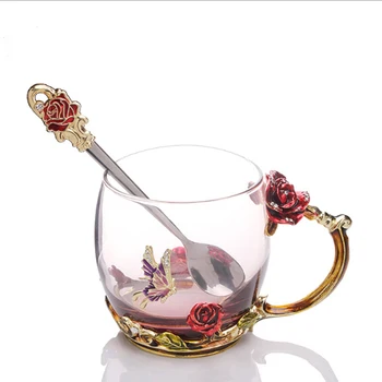  Vintage Gül Emaye Cam Bardak Klasik Kristal çiçek çayı Seti Kahve Fincanı Şarap Bardağı Hediye