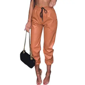  Vintage İpli PU Deri Joggers Pantolon Kadın Harem Pantolon Moda Düz Renk Tüm Maç Suni Deri Sıkı Pantolon