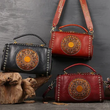  Vintage Kadın Çanta Hakiki Inek Derisi Deri askılı çanta Perçin Dekorasyon Omuz en saplı çanta Çanta Bayanlar Debriyaj Çanta