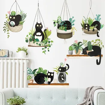  Yaratıcı Siyah Kedi Duvar Sticker Bitki Asılı Sepet Ev Dekor Oturma Odası Kanepe Zemin Duvar Çıkartmaları Çocuk Yatak Odası sanatsal fresk