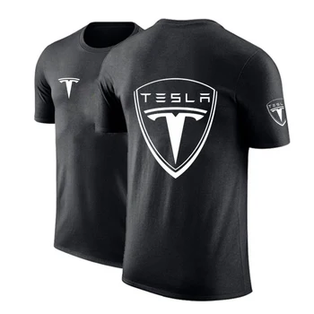  Yaz Erkek araba logosu Özelleştirmek T-shirt Tesla Tees Katı Renk Kısa Kollu Erkek Hip Hop Moda Baskı Üst
