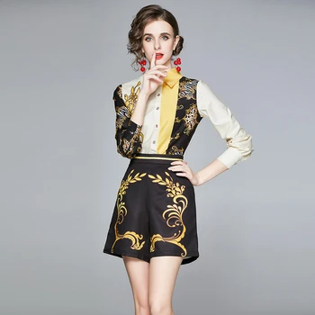  Yaz kadın Takım Elbise Saray Tarzı Retro Yaka Uzun kollu Gömlek + Yüksek belli Geniş bacak Jumper Şort Yeni Kadın Setleri X019