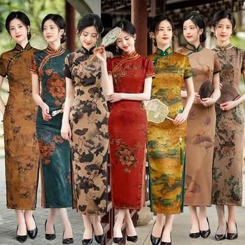  Yaz Uzun Cheongsam Vintage Qipao Saten Moda Günlük Kadın Elbise Ince Parti Kostüm Elbiseler Lotus Manzara Baskı