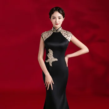  Yeni Elastik Fishtail Nakış Elbisesi Cheongsam Yıllık Toplantı Gösterisi Ev Sahibi Ziyafet Vücut Elbise Cheongsam Gece Elbisesi