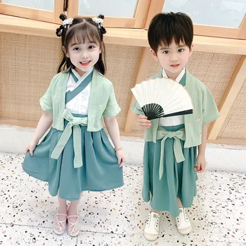  Yeni Erkek Ve Kız Çin Tarzı Retro Nakış Tang Takım Elbise Geleneksel Vintage Düğme Hanfu İki Parçalı Set Rol Oynamak Kostüm