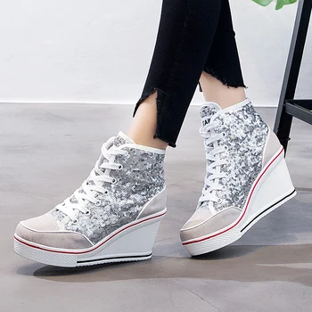  Yeni Kadın Ayakkabı Pembe Siyah gümüş parıltılı vulkanize ayakkabı Kadın Platformu Kama Sneakers Casual Zapatos De Mujer platform ayakkabılar